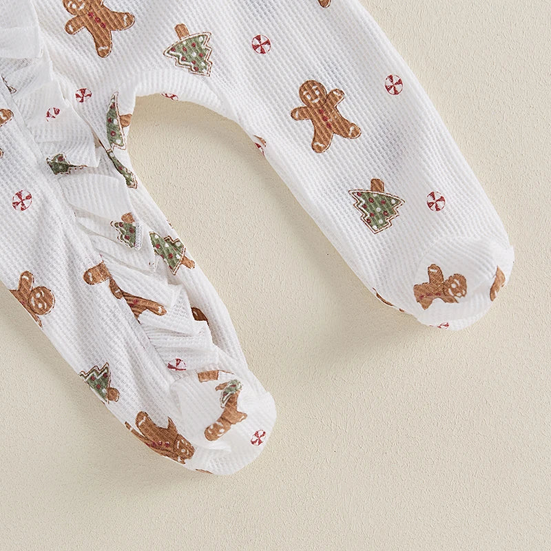 Baby Christmas Clothing Girls Casual Jumpsuit For Newborn Long Sleeve Gingerbread Print Ruffle Romper with Headband