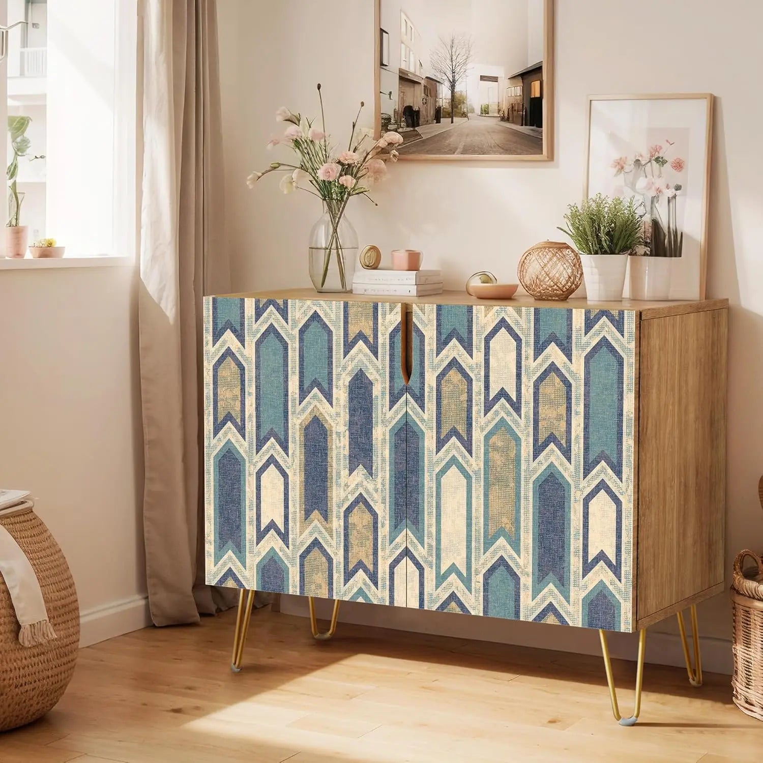 Sideboard Buffet Cabinet, Kitchen Storage Cabinet with 2 Doors, Black, Brown & Gold Geometric Polygons Abstract Shapes