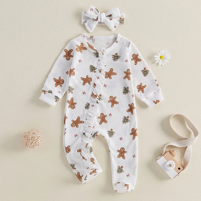 Baby Christmas Clothing Girls Casual Jumpsuit For Newborn Long Sleeve Gingerbread Print Ruffle Romper with Headband