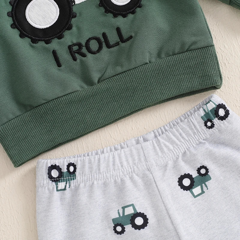 Baby Clothing Boy Tractor Print Long Sleeve Sweatshirt with Elastic Waist Sweatpants Infant Newborn Pat Clothes Set