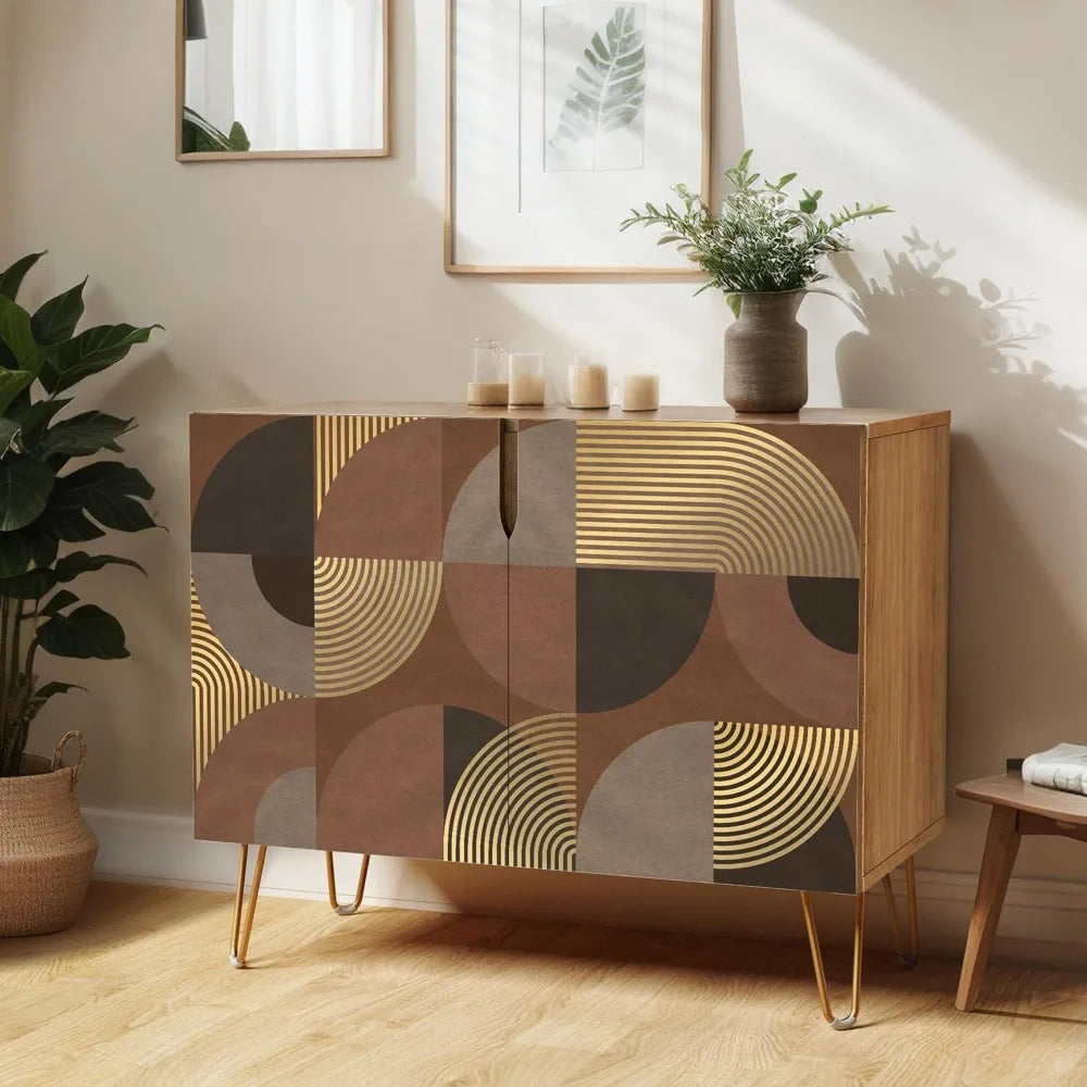 Sideboard Buffet Cabinet, Kitchen Storage Cabinet with 2 Doors, Black, Brown & Gold Geometric Polygons Abstract Shapes