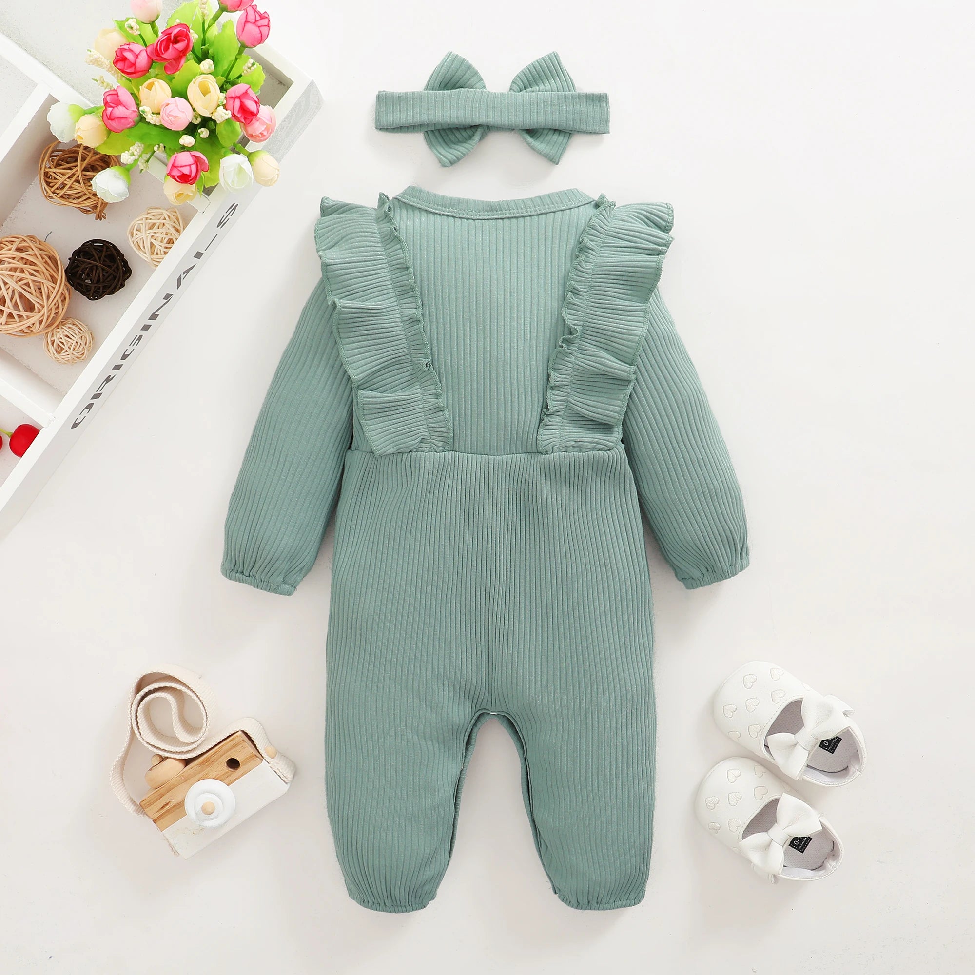 Newborn Baby Girl Romper Long Sleeved Ruffle Bodysuit with Headband Autumn & Winter Onesie Outfit Clothing for Baby 0-18 Months