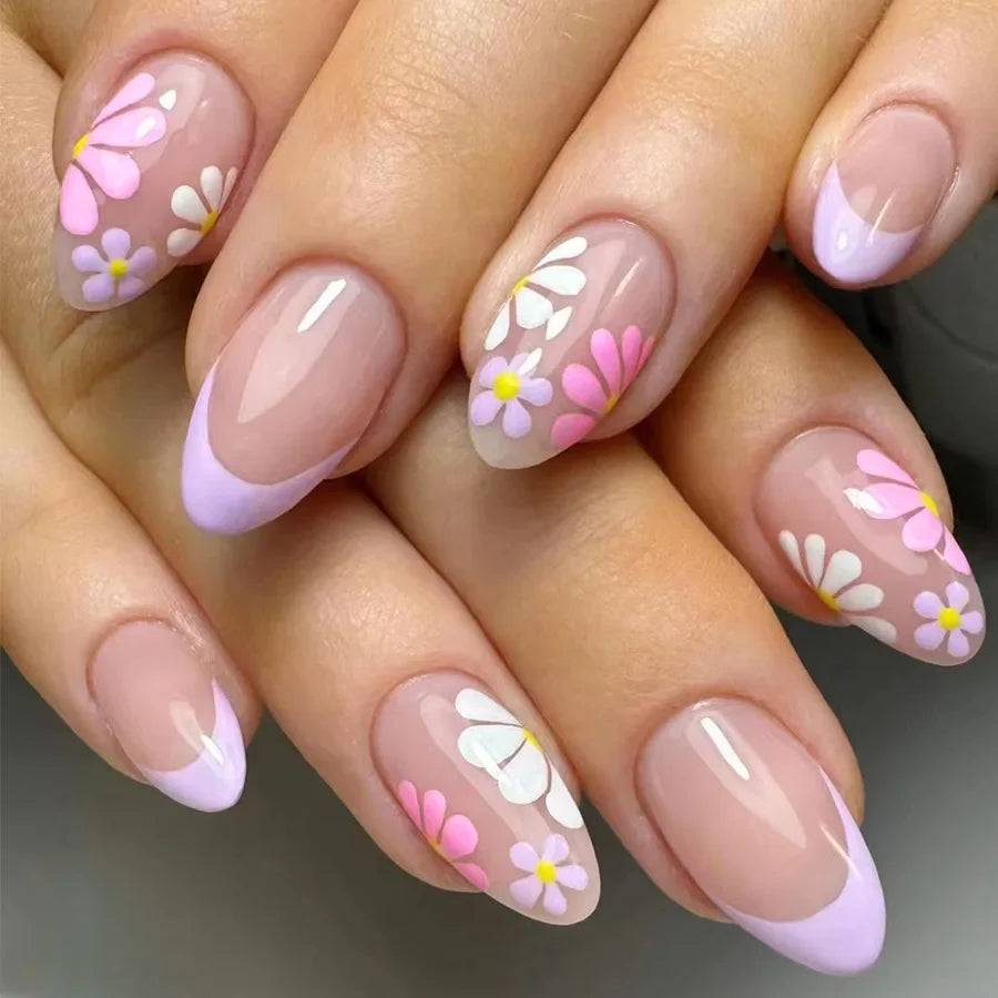 24Pcs Square Press-on Nails Set with Pink Flower Patterns Full Cover Acrylic French Nail Tips Adhesive For Stylish Women/Girls