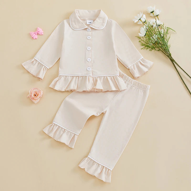 Girls 2PCS Pajama Sets Long Sleeve Lapel Ruffle Trim Button Up Shirt Pants Sleepwear