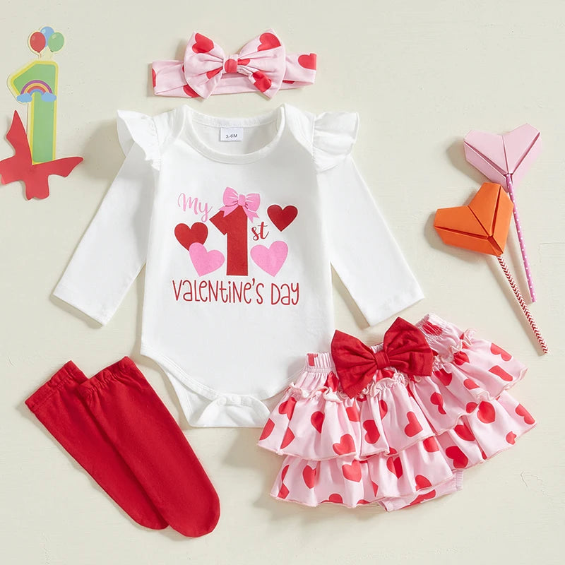 Baby Girl Valentine's Day Outfits Letter Print Long Sleeve Romper with Tiered Skirt and Headband Socks Set