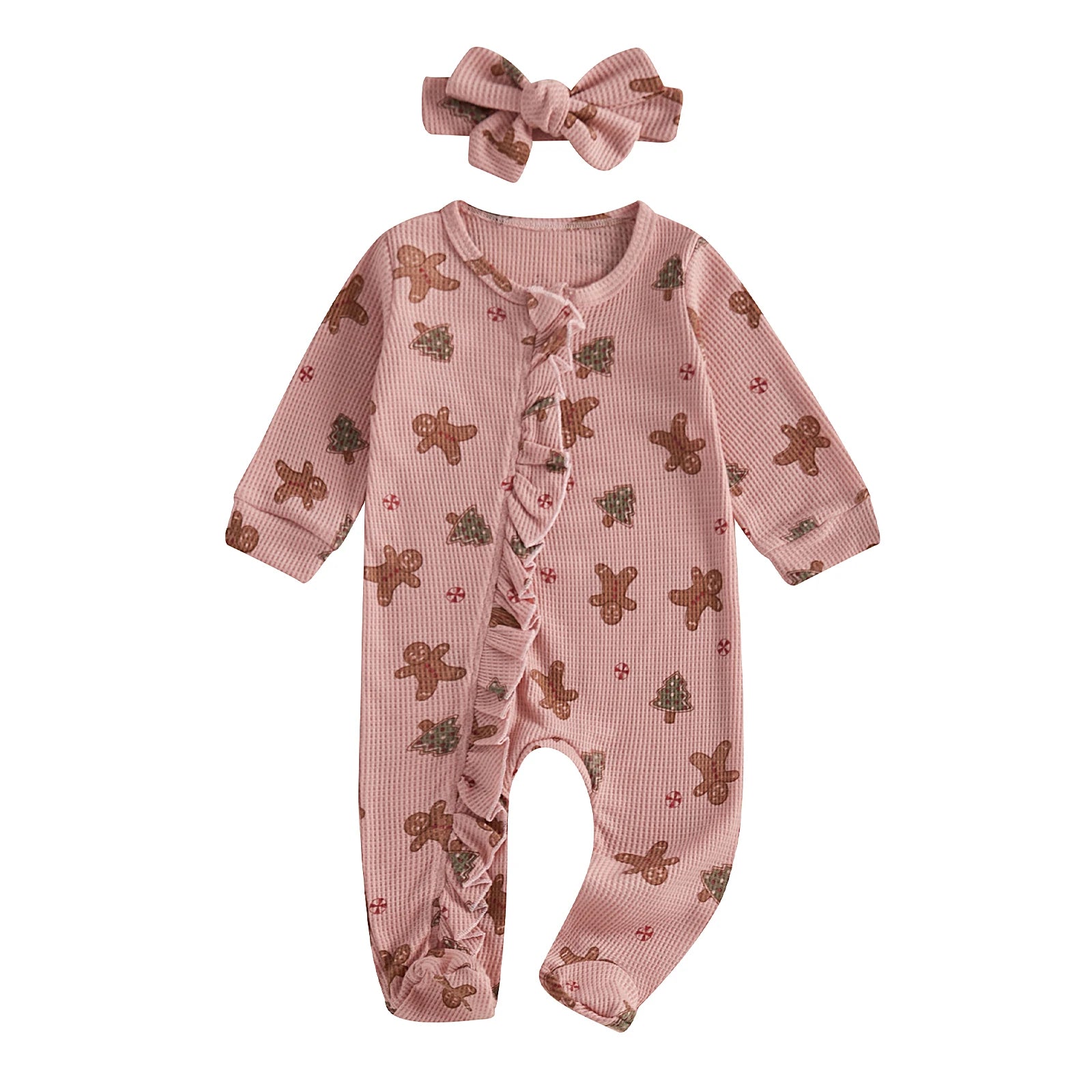 Baby Christmas Clothing Girls Casual Jumpsuit For Newborn Long Sleeve Gingerbread Print Ruffle Romper with Headband