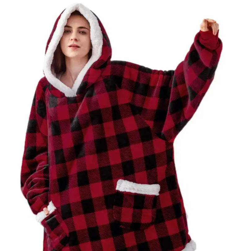 Winter Warm TV Blanket with Sleeves Big Pocket Fleece Family Sherpa Hoodies Oversized Flannel Soft Hooded Robe Blankets