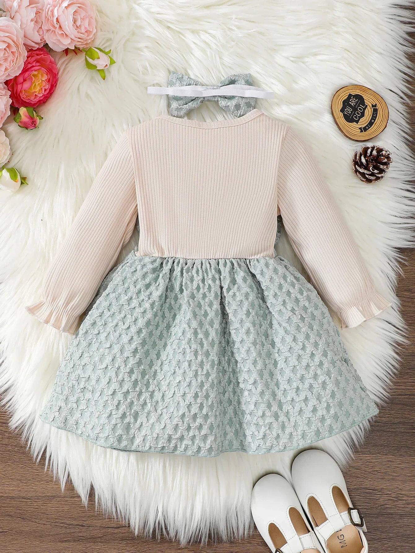 Newborn Baby Girl Dress Long Sleeves Patchwork with Bow One Year Old Dress New Year&Christmas Dress Up Wear for Toddler 0-3Years