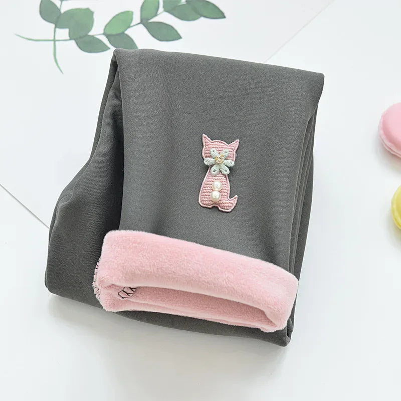 Autumn Winter Baby Girls Leggings Thick Warm Cute Rabbit Pants Kid Girl Plus Velvet Pants Children Solid Trousers 2-8Years