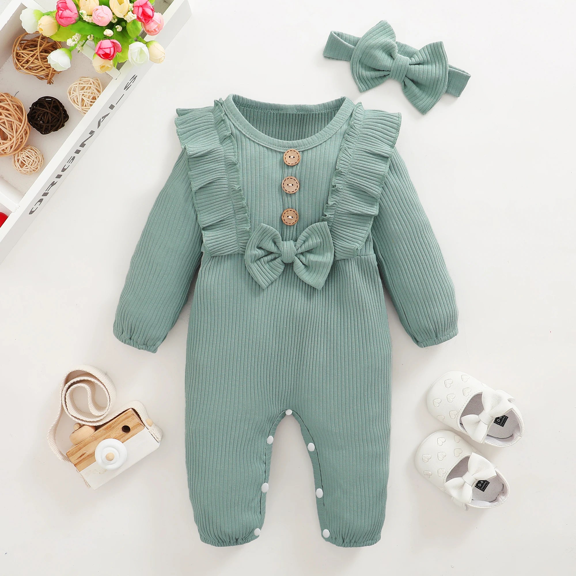 Newborn Baby Girl Romper Long Sleeved Ruffle Bodysuit with Headband Autumn & Winter Onesie Outfit Clothing for Baby 0-18 Months