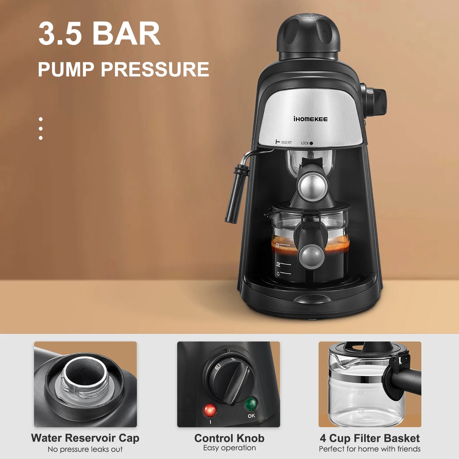 Espresso Machine, 3.5Bar Espresso and Cappuccino Machine with Fast Heating Function, 1-4 Cups Coffee Maker with Milk Frothing