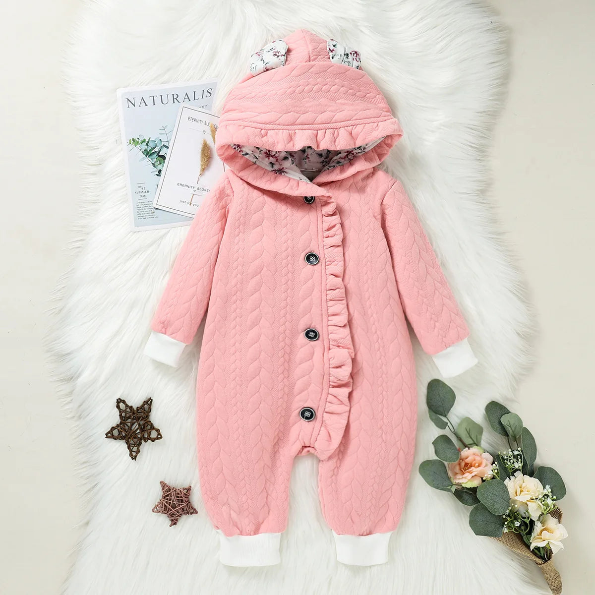 0-18 months Spring and Autumn New Newborn Baby Boys and Girls with Small Flower Ears Single breasted Long sleeved Cute jumpsuit