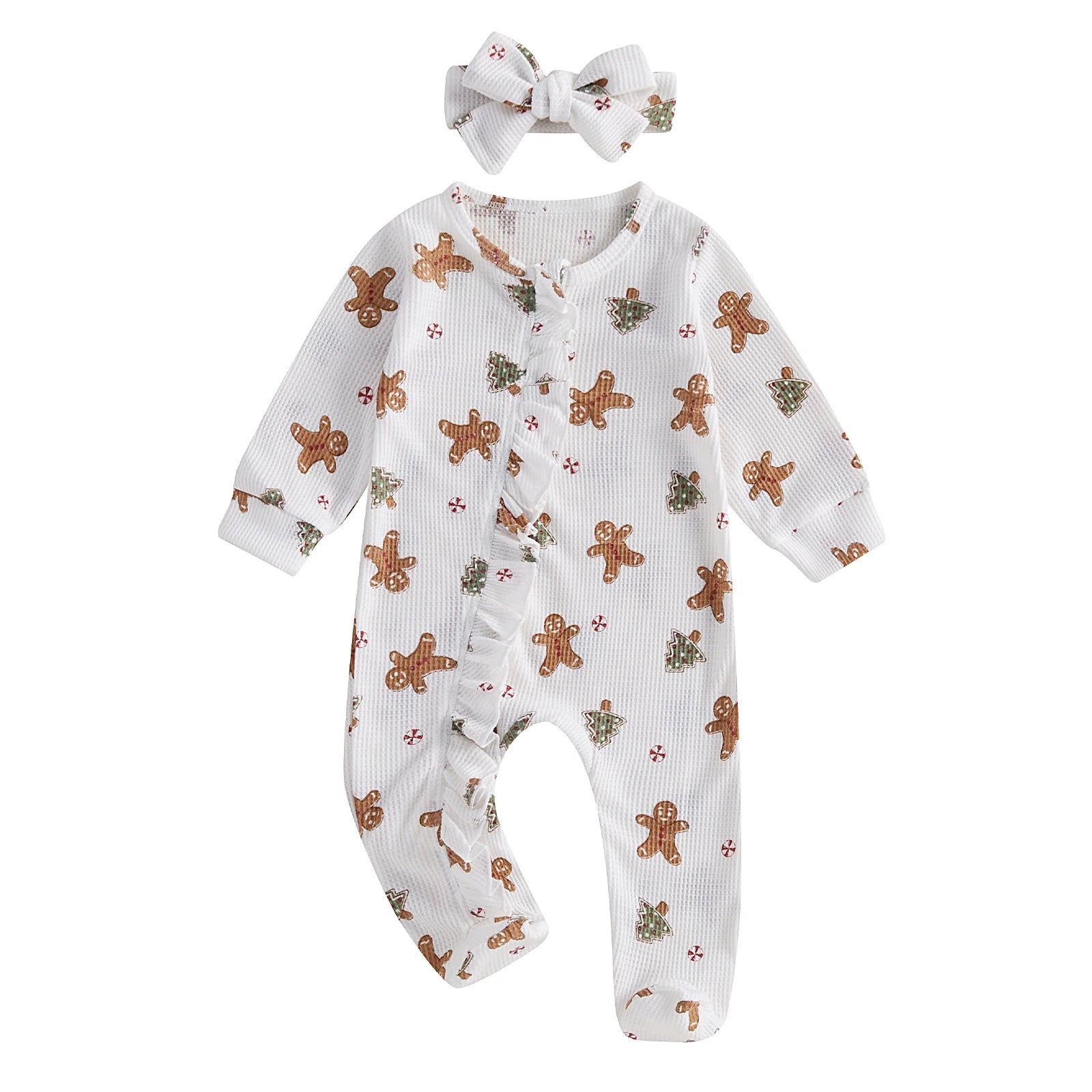 Baby Christmas Clothing Girls Casual Jumpsuit For Newborn Long Sleeve Gingerbread Print Ruffle Romper with Headband