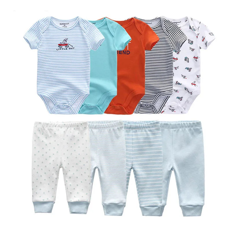 kiddiezoom 9 Pcs Unisex Newborn Clothing Sets100%Cotton Baby Bodysuit+Pant Baby Boy Girl Clothes Gift