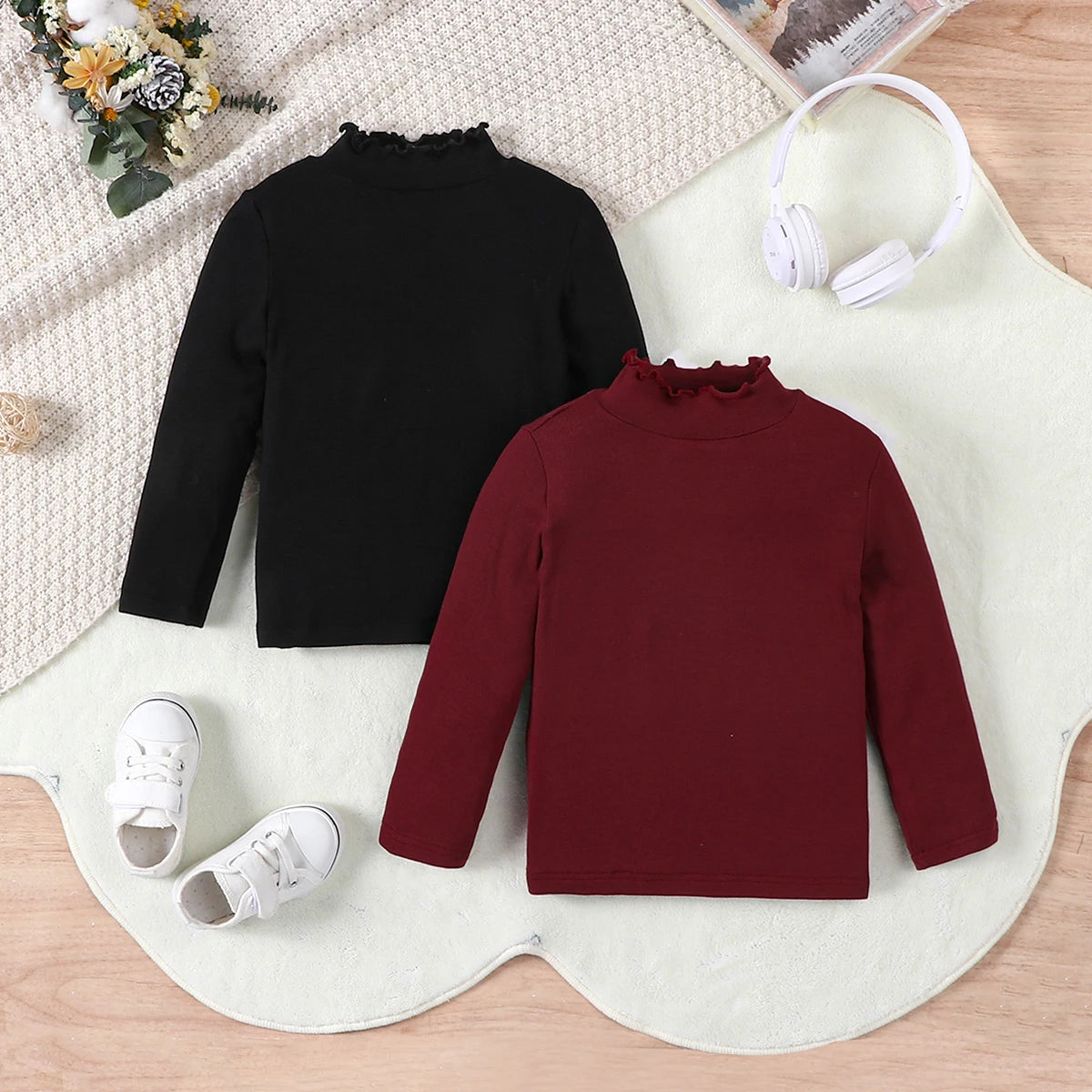 2-piece set of girls' fashionable casual high elasticity warm wave edge small stand up collar long sleeved knitted pullover bott