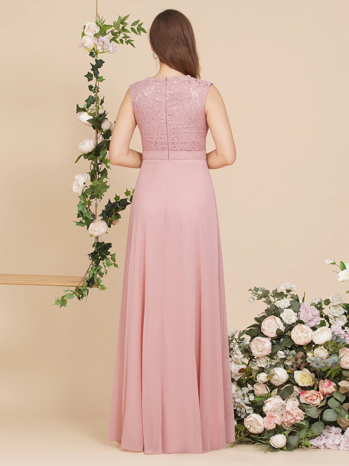 BABYONLINE Maxi Dusty Rose Bridesmaid Dresses Chic and Elegant Sleeveless Lace A Line Long Evening Gowns For Women Party Wedding