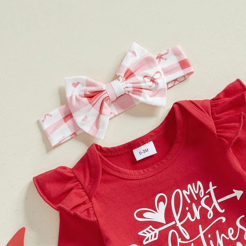 Baby Girl Valentine's Day Outfits Letter Print Long Sleeve Romper with Tiered Skirt and Headband Socks Set