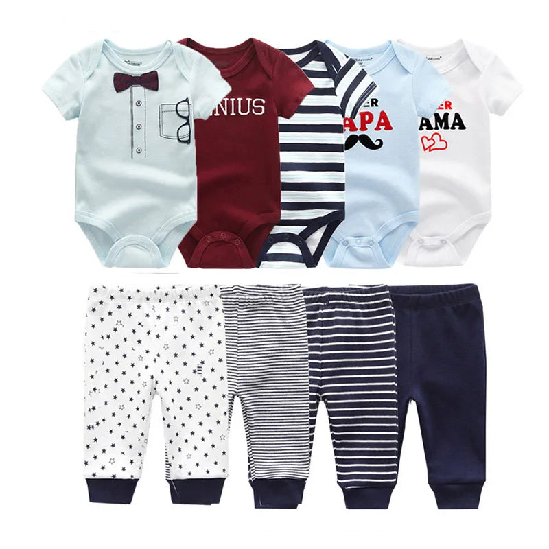 kiddiezoom 9 Pcs Unisex Newborn Clothing Sets100%Cotton Baby Bodysuit+Pant Baby Boy Girl Clothes Gift