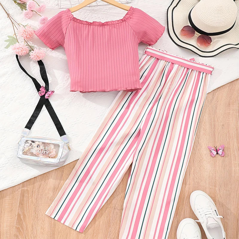 Two Piece Summer Girl Cute And Fashionable Button Up Short Sleeved Striped Pants Casual Birthday Party Set