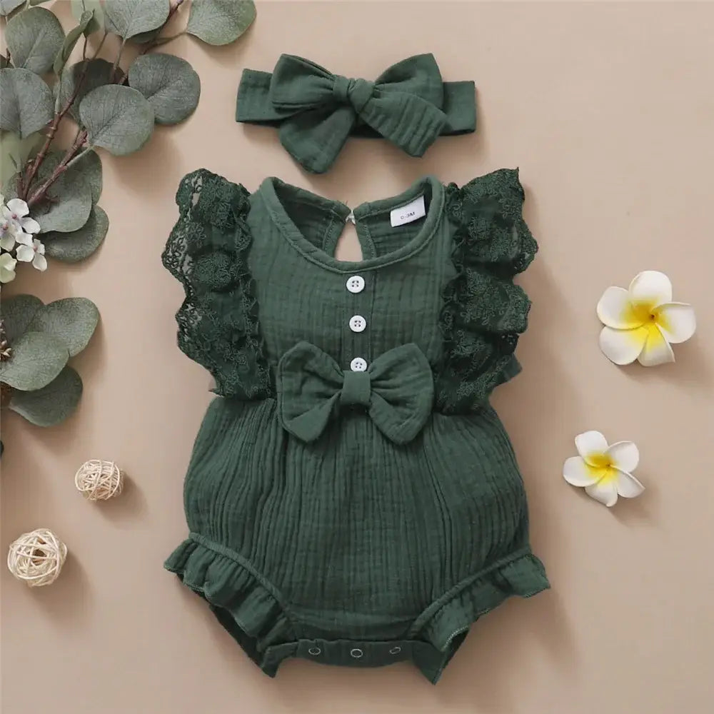 0-18 Months Old Newborn Solid Color Sleeveless Round Neck Lace Edge Bow Romper + Headband Baby Girl Summer New Casual