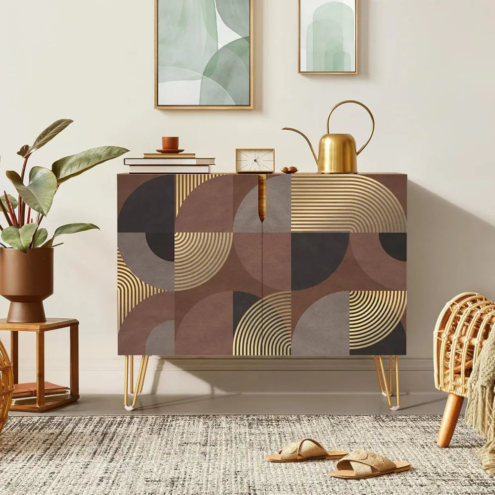 Sideboard Buffet Cabinet, Kitchen Storage Cabinet with 2 Doors, Black, Brown & Gold Geometric Polygons Abstract Shapes