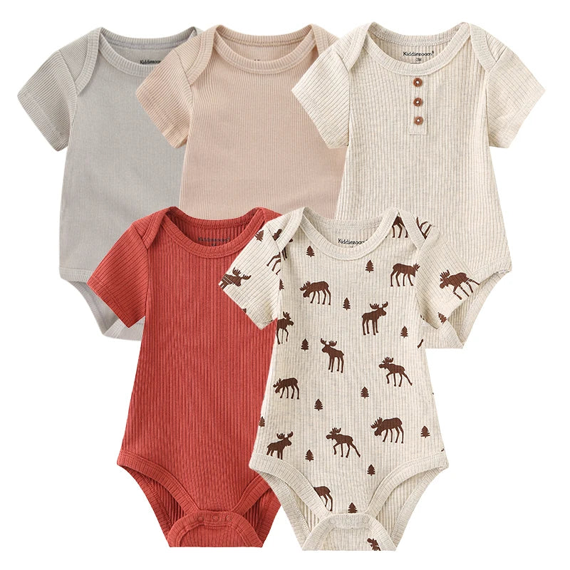 Kiddiezoom 5 Pcs/Lot Four Seasons Fashion Cartoon Short Sleeve Baby Boy Girl Bodysuits Soft Unisex Newborn Onesies Clothing