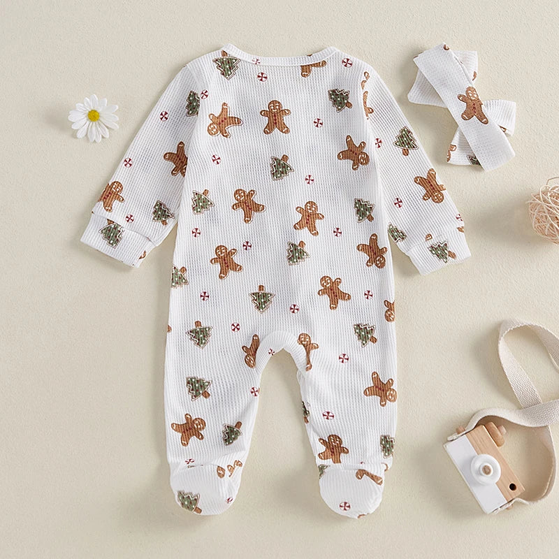 Baby Christmas Clothing Girls Casual Jumpsuit For Newborn Long Sleeve Gingerbread Print Ruffle Romper with Headband