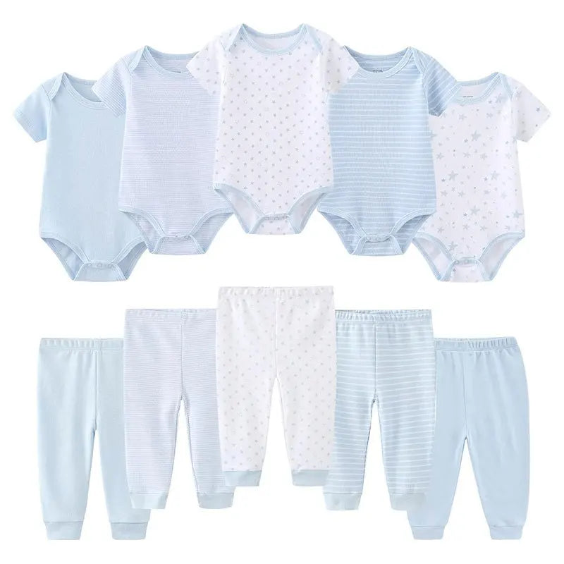 Kiddiezoom 10 Pcs/Lot Four Seasons Fashion Unisex Baby Boy Girl Clothing Set Soft Newborn Bodysuits+Pants Infant Outfit Gift