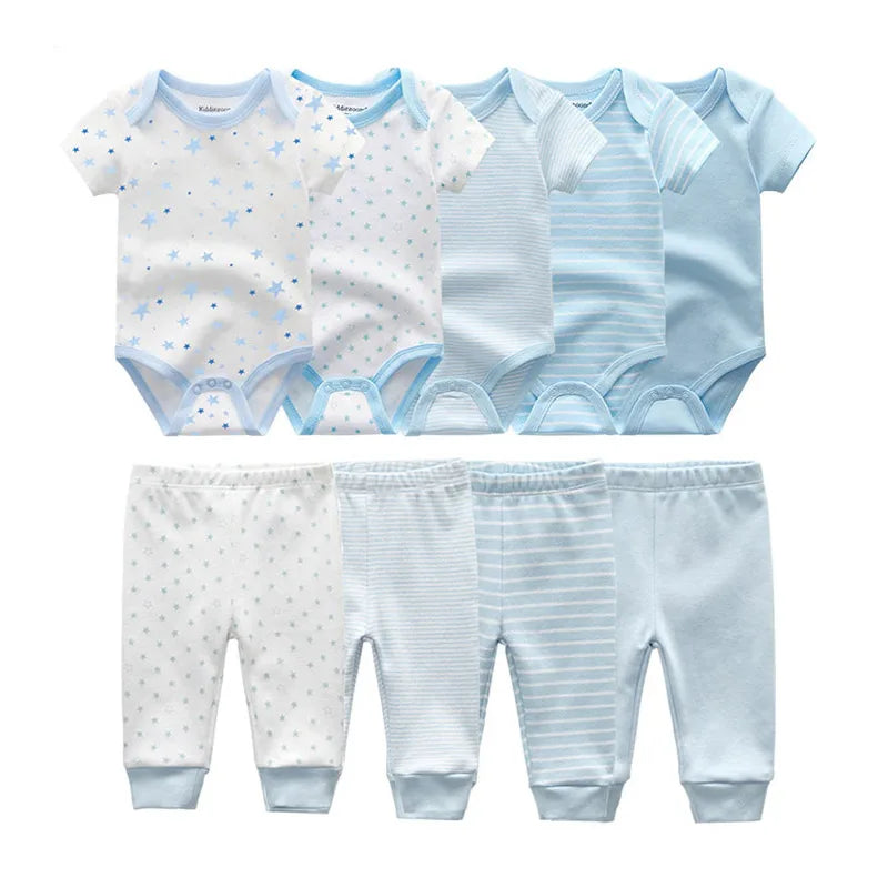 kiddiezoom 9 Pcs Unisex Newborn Clothing Sets100%Cotton Baby Bodysuit+Pant Baby Boy Girl Clothes Gift