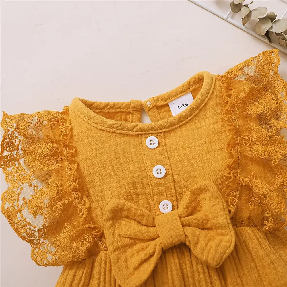 0-18 Months Old Newborn Solid Color Sleeveless Round Neck Lace Edge Bow Romper + Headband Baby Girl Summer New Casual