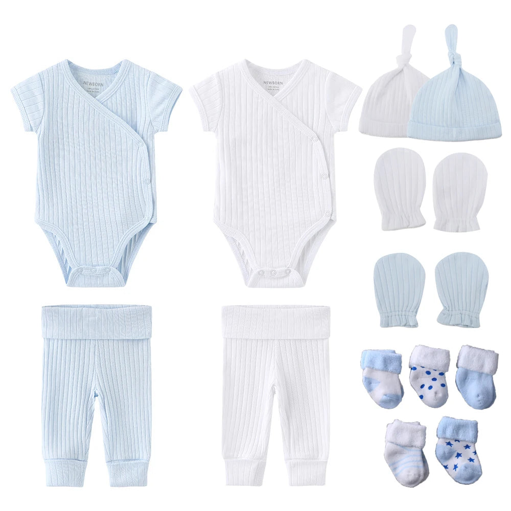 Solid Color New Born Cotton Bodysuits+Pants+Gloves+Hats+Socks Baby Girl Clothes Unisex Short Sleeve Baby Boy Clothes Sets