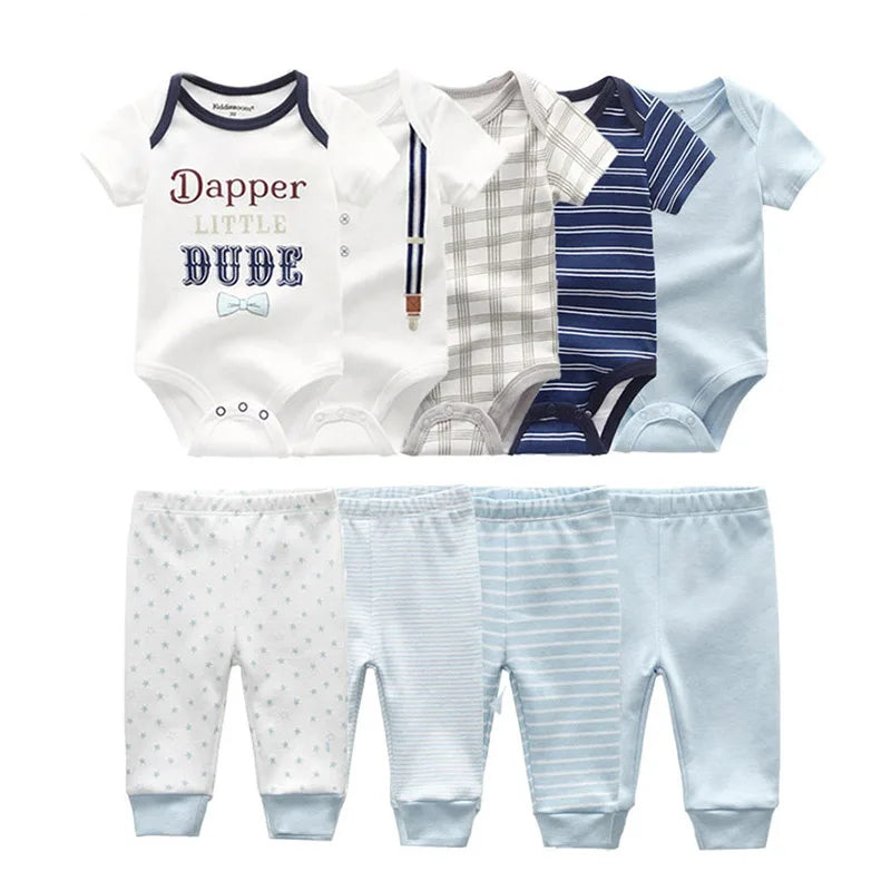 kiddiezoom 9 Pcs Unisex Newborn Clothing Sets100%Cotton Baby Bodysuit+Pant Baby Boy Girl Clothes Gift