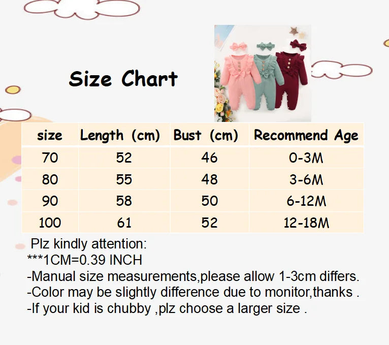 Newborn Baby Girl Romper Long Sleeved Ruffle Bodysuit with Headband Autumn & Winter Onesie Outfit Clothing for Baby 0-18 Months