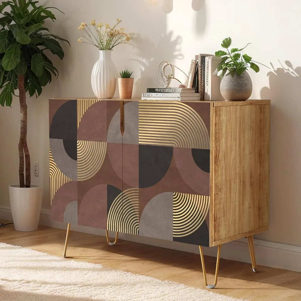 Sideboard Buffet Cabinet, Kitchen Storage Cabinet with 2 Doors, Black, Brown & Gold Geometric Polygons Abstract Shapes