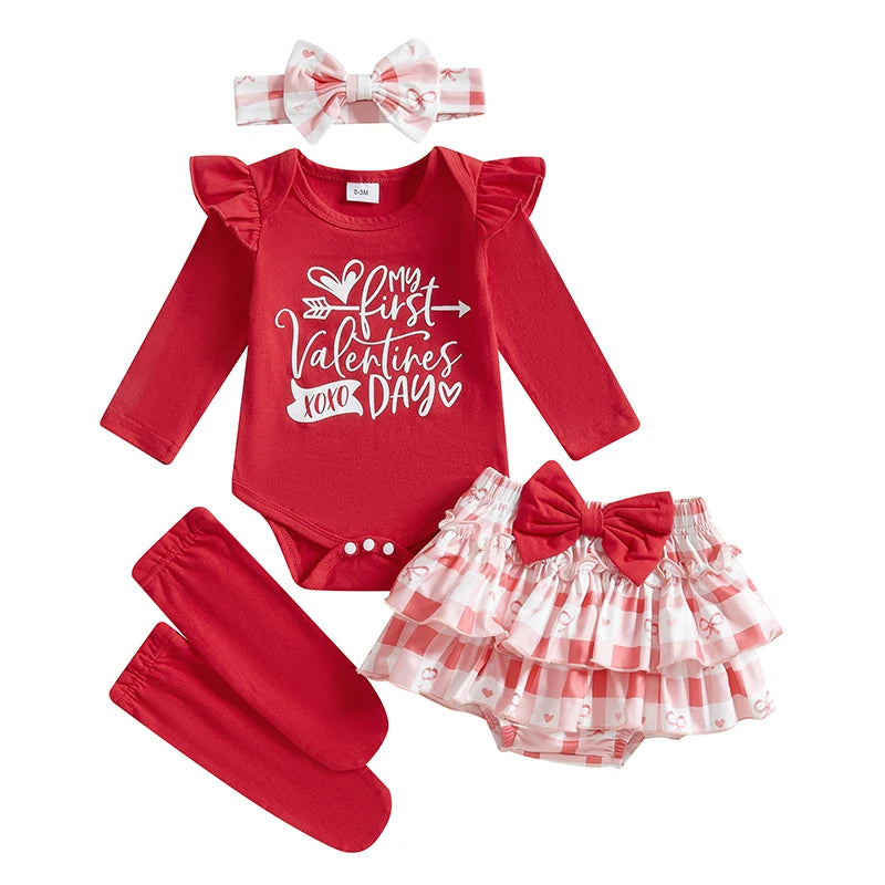 Baby Girl Valentine's Day Outfits Letter Print Long Sleeve Romper with Tiered Skirt and Headband Socks Set