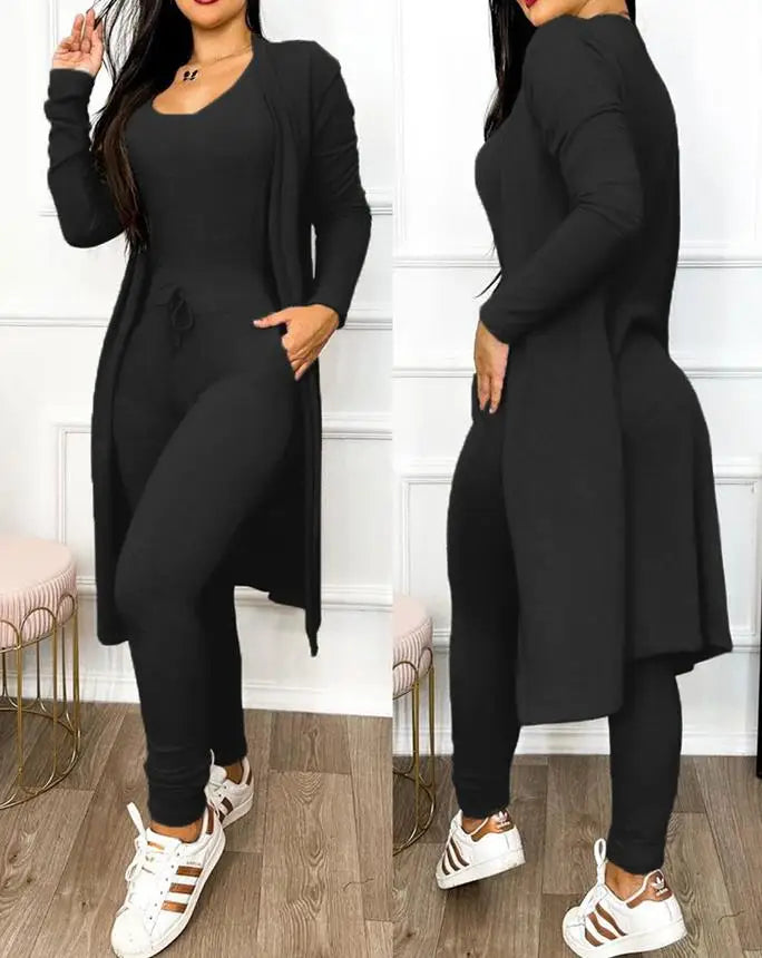 Autumn Women's New Drawstring Pocket Design Jumpsuit & Coat Set Temperament Commuting Women Fashion Suit Sets Two Piece Outfits