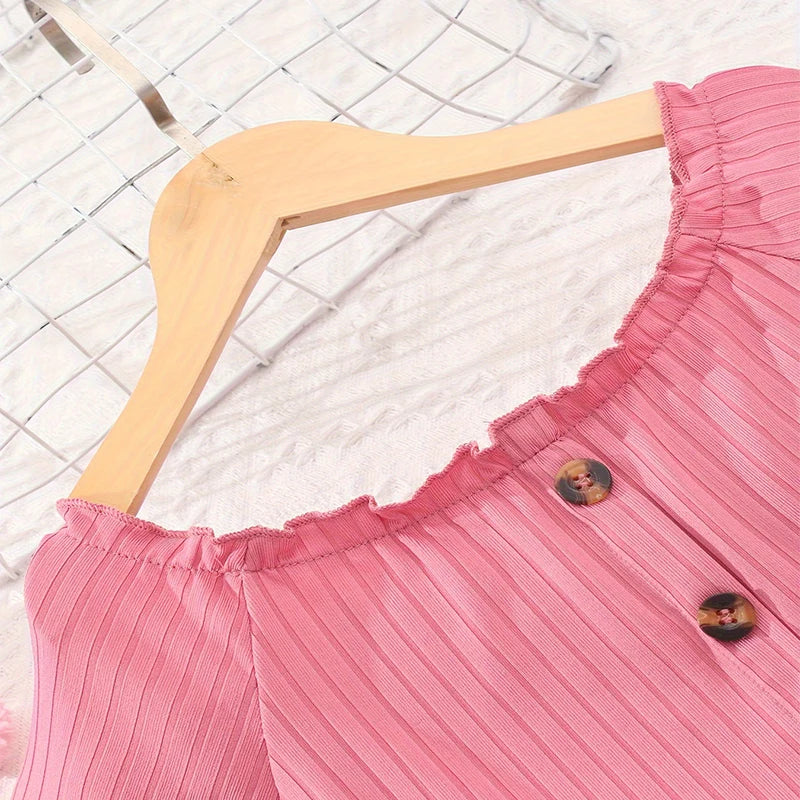 Two Piece Summer Girl Cute And Fashionable Button Up Short Sleeved Striped Pants Casual Birthday Party Set