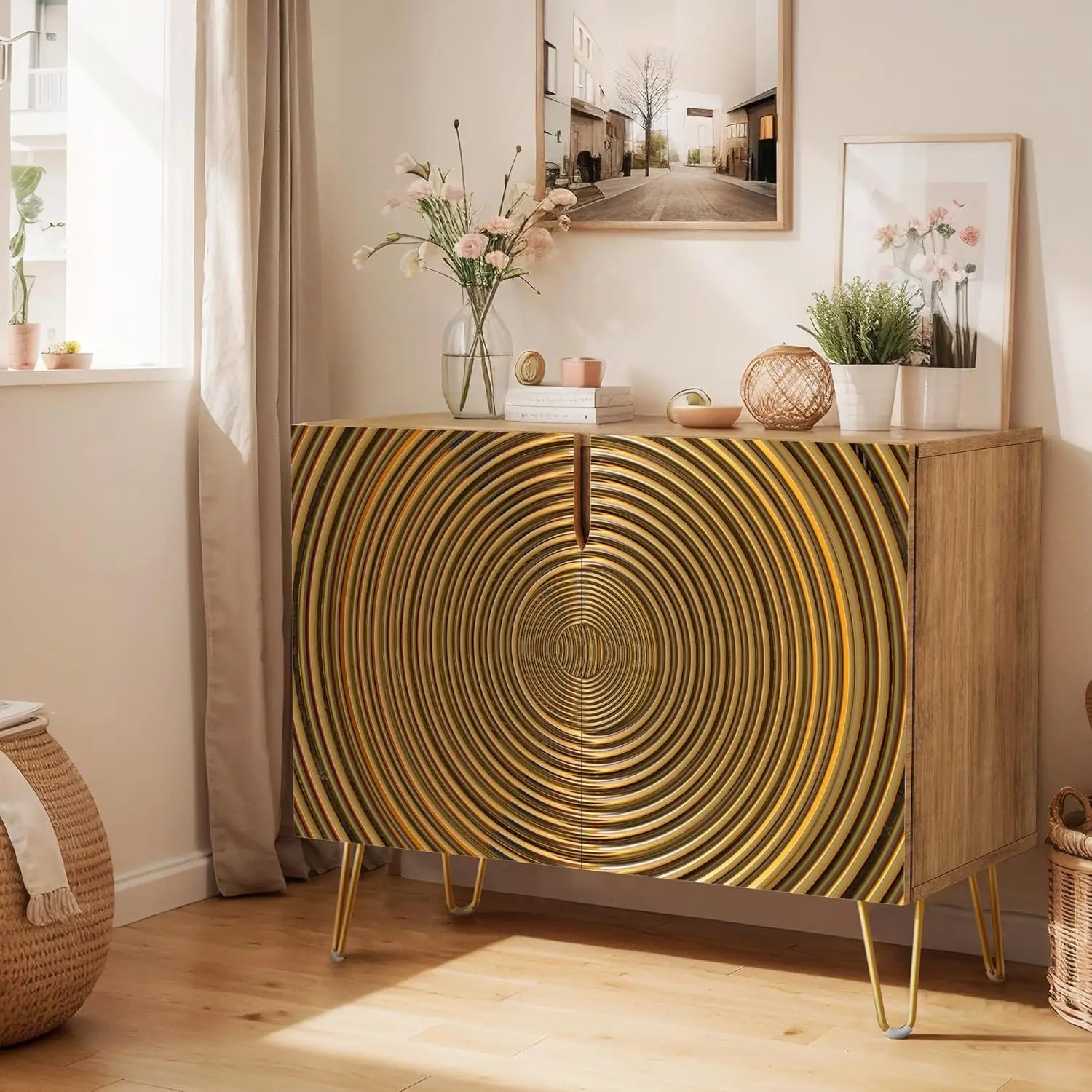 Sideboard Buffet Cabinet, Kitchen Storage Cabinet with 2 Doors, Black, Brown & Gold Geometric Polygons Abstract Shapes