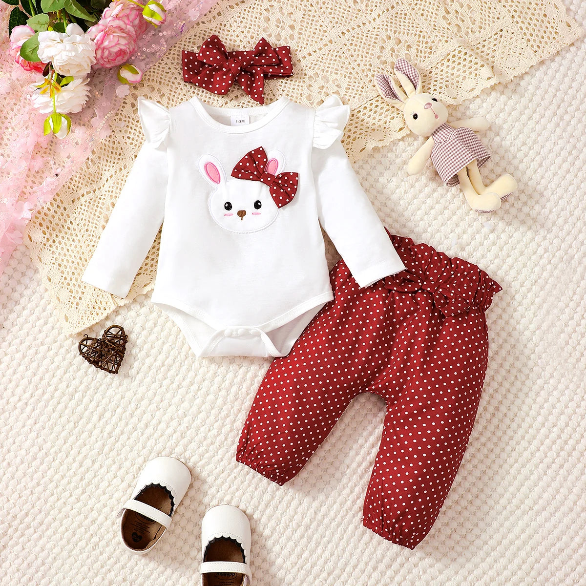 Baby Girl Set Cartoon Bunny Long sleeved Bodysuit+Wave Point Elastic Pants+Headband 3pcs 0-18 Month Baby Girl Spring Autumn Set