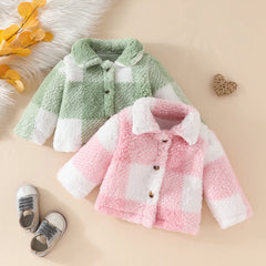 Toddler girl sweet lapel single breasted furry long sleeve coat Autumn Winter girl warm plaid coat