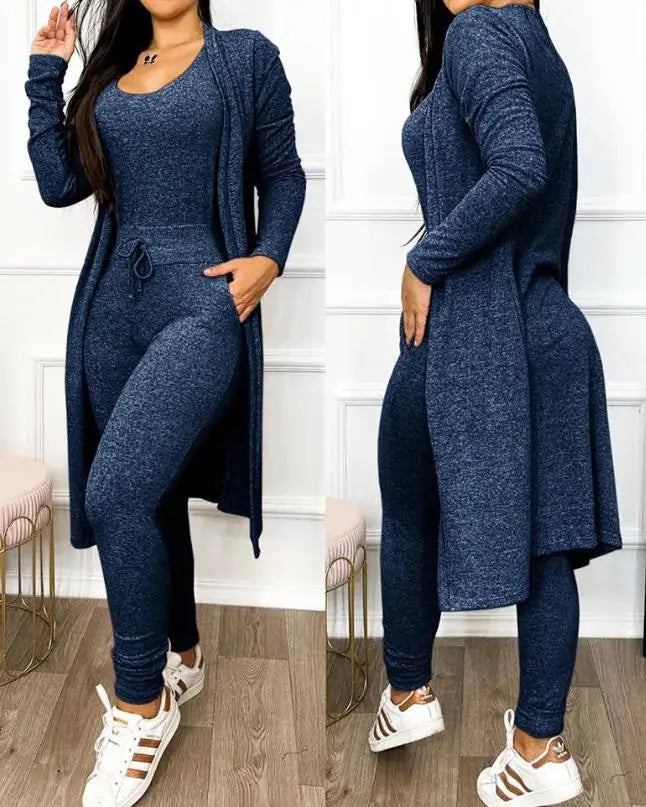 Autumn Women's New Drawstring Pocket Design Jumpsuit & Coat Set Temperament Commuting Women Fashion Suit Sets Two Piece Outfits