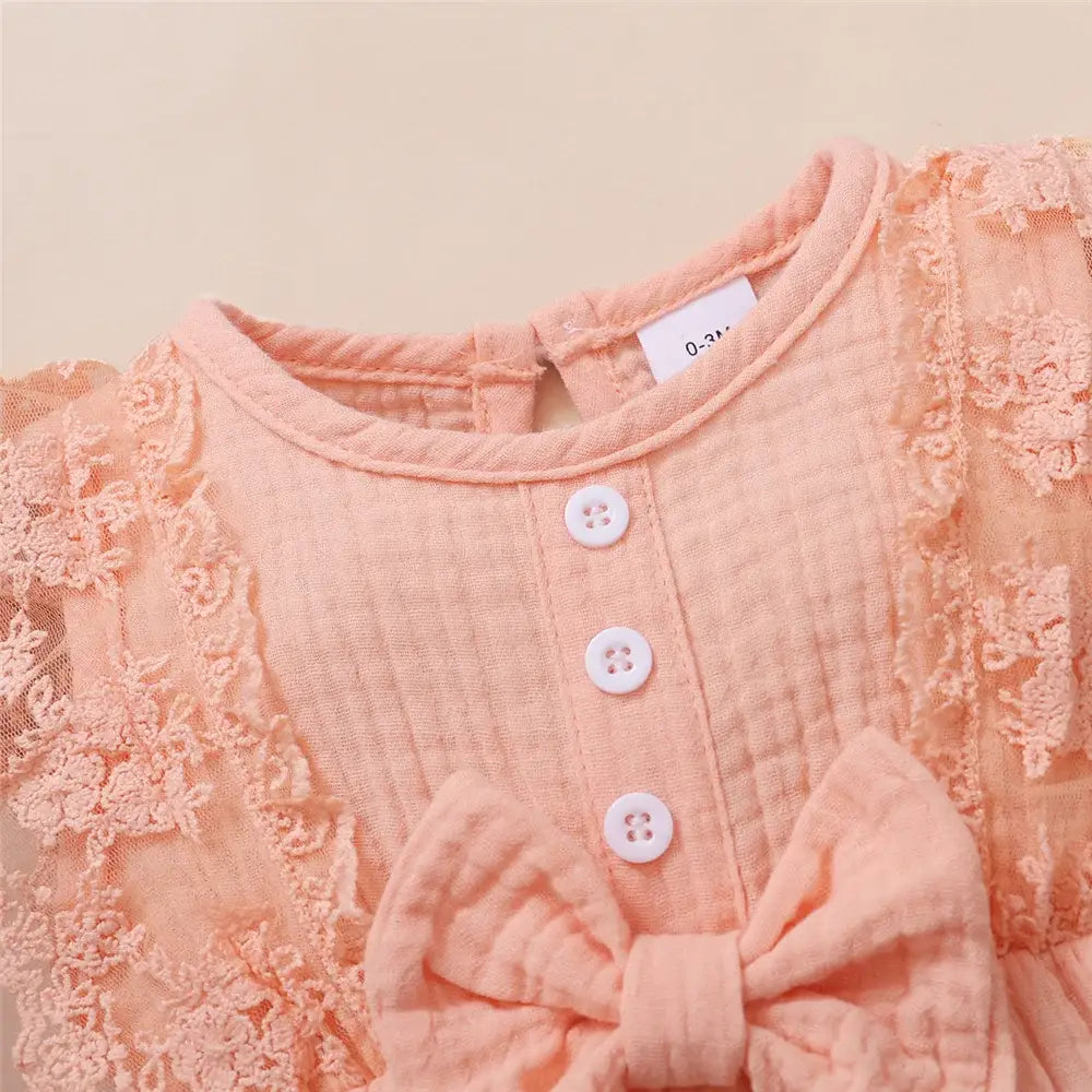 0-18 Months Old Newborn Solid Color Sleeveless Round Neck Lace Edge Bow Romper + Headband Baby Girl Summer New Casual