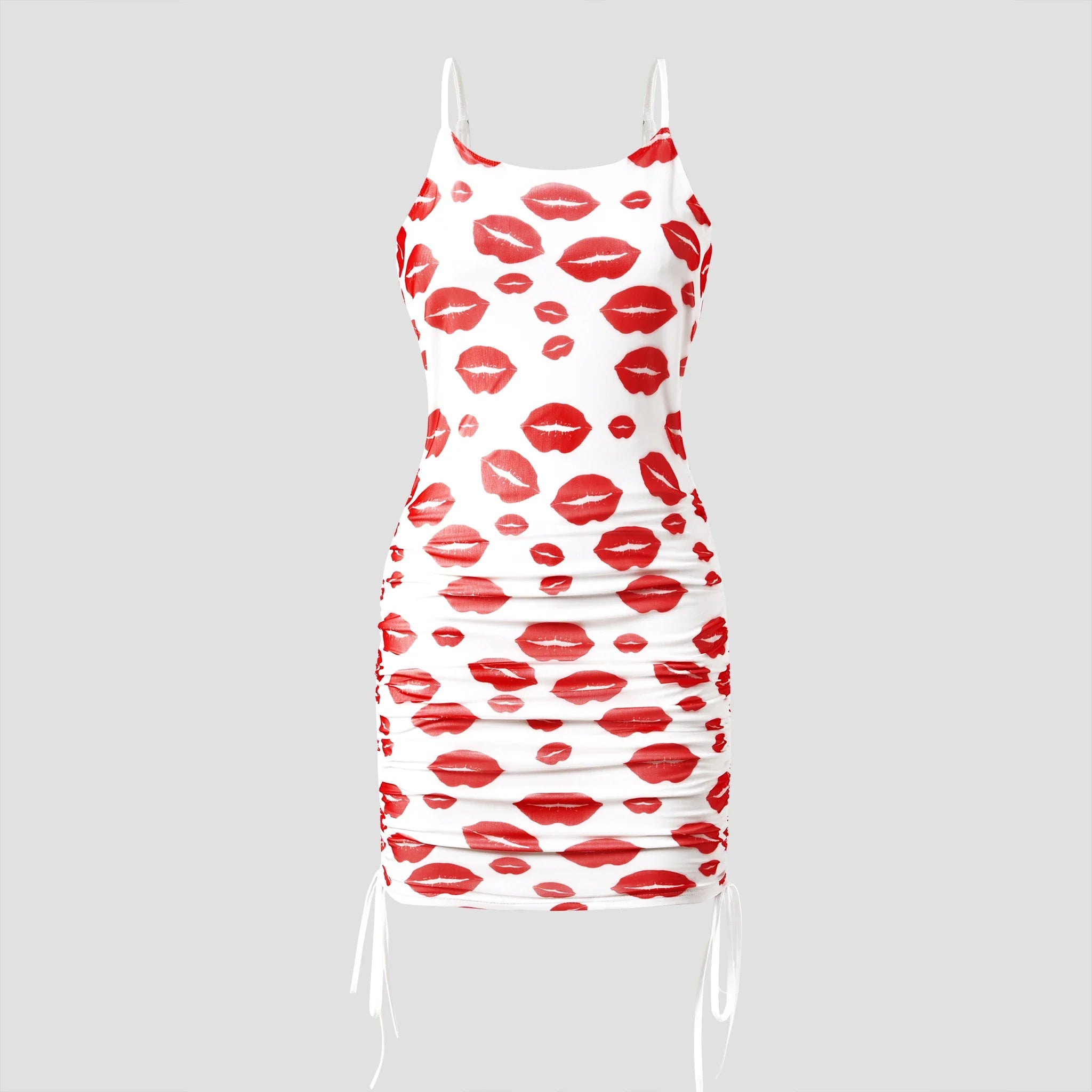 Family Matching Solid Color Raglan-Sleeve Tee and Red Lip Print Bodycon Ruched Drawstring Mesh Strap Dress Sets