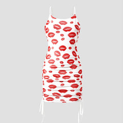 Family Matching Solid Color Raglan-Sleeve Tee and Red Lip Print Bodycon Ruched Drawstring Mesh Strap Dress Sets