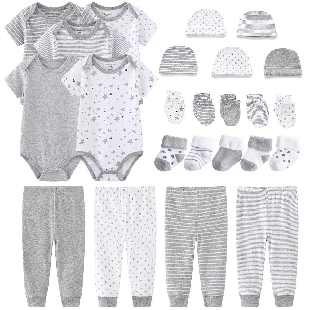 Solid Color New Born Cotton Bodysuits+Pants+Gloves+Hats+Socks Baby Girl Clothes Unisex Short Sleeve Baby Boy Clothes Sets