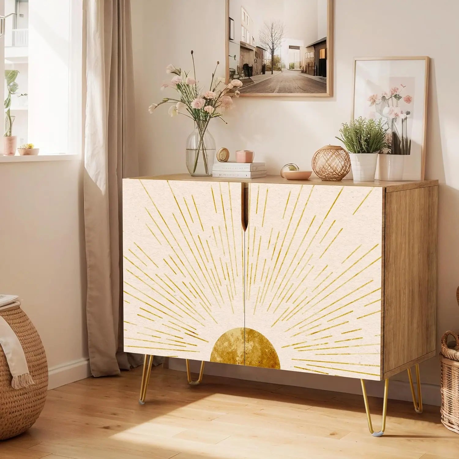 Sideboard Buffet Cabinet, Kitchen Storage Cabinet with 2 Doors, Black, Brown & Gold Geometric Polygons Abstract Shapes