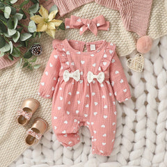 Baby Girls Summer Long Sleeve Printing Love With Bowknot  For Casual Daily Cotton Jumpsuit