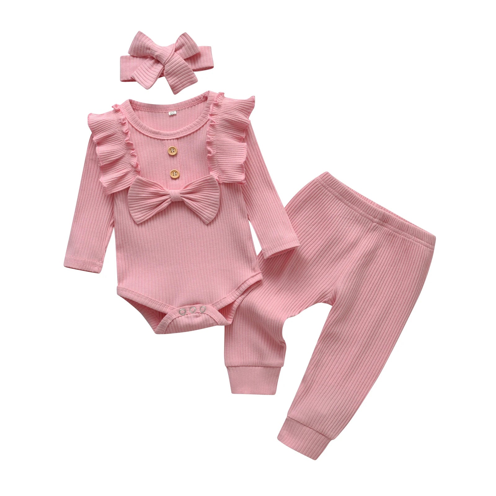 Cute Newborn Baby Girl 3PCS Clothes Set Ruffles Trim Knitted Long Sleeve Romper Bodysuit Top + infant Pants + Headband Outfit