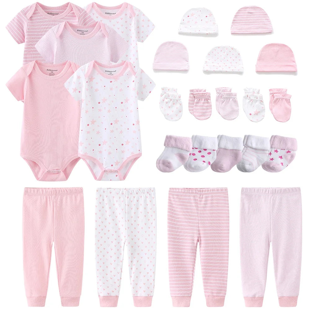 Solid Color New Born Cotton Bodysuits+Pants+Gloves+Hats+Socks Baby Girl Clothes Unisex Short Sleeve Baby Boy Clothes Sets