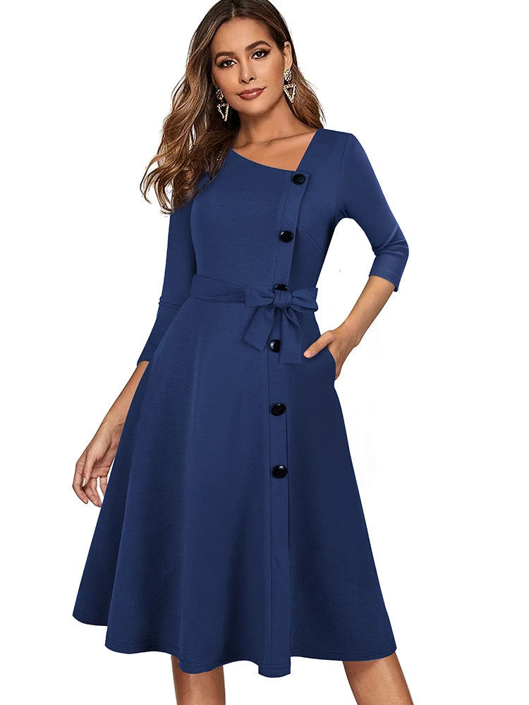 Nice-forever Spring Solid Color with Button Retro Elegant Dresses Party Flare Swing Women Dress A241